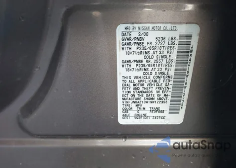 2009 Nissan Murano S z USA, uszkodzony, nr VIN JN8AZ18W19W122356